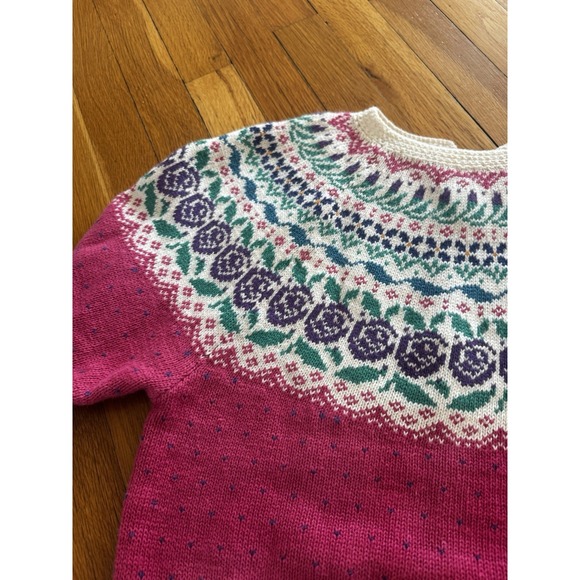 Vintage Northern Isles Women's Pink Fair Isle Floral Knit Yoke Sweater L Nordic - Picture 9 of 14